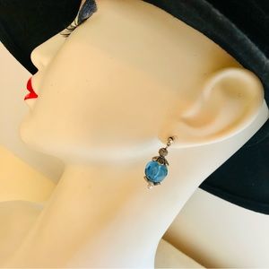 Vintage Blue Glass Ball Drop Earrings Ball Post Silver Tone